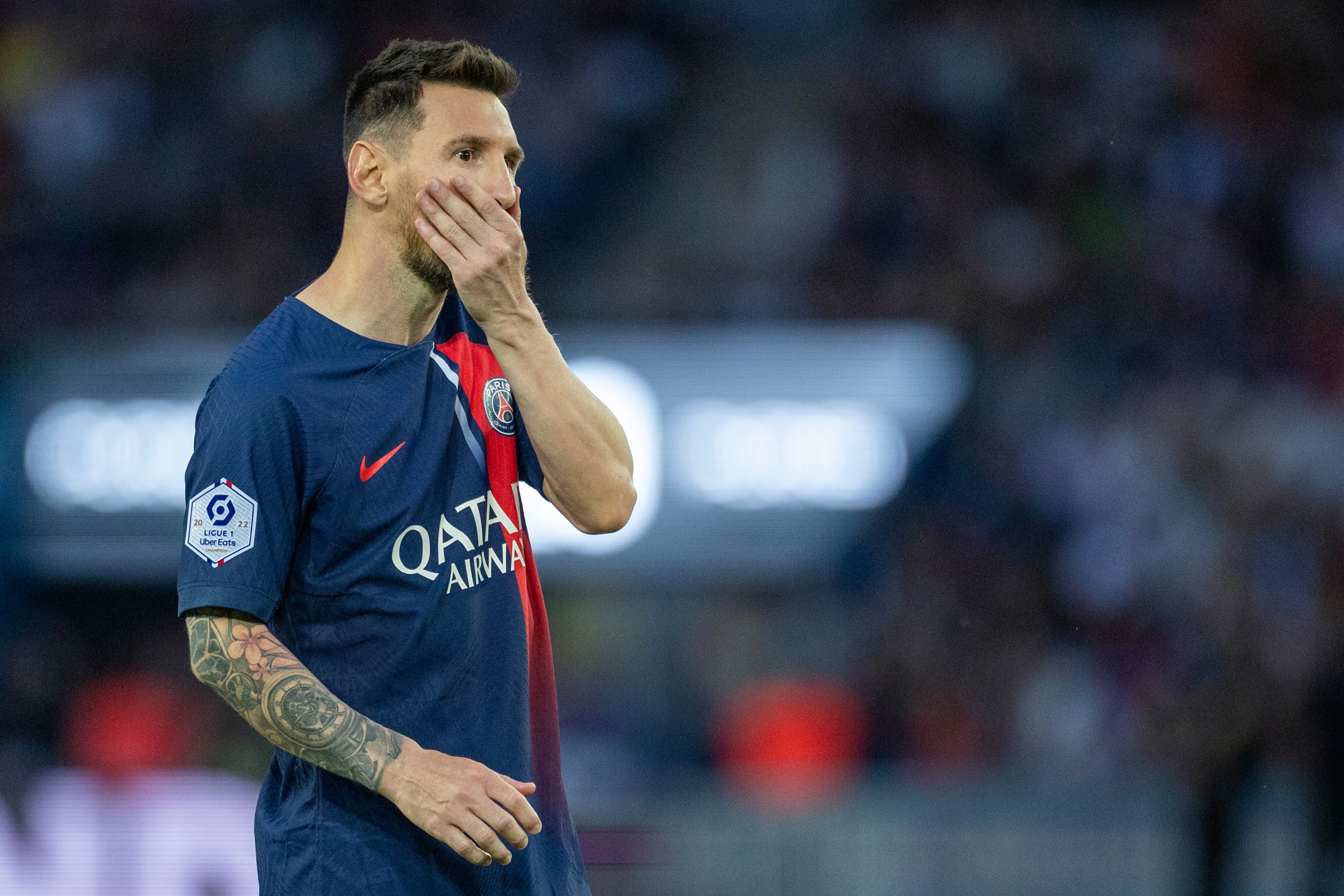 PARIS, FRANCE - JUNE 3:  Lionel Messi #30 of Paris Saint-Germain reacts after a missed free-kick during the Paris Saint-Germain V Clermont, French Ligue 1 regular season match at Parc des Princes on June 3, 2023, in Paris, France (Photo by Tim Clayton/Corbis via Getty Images)