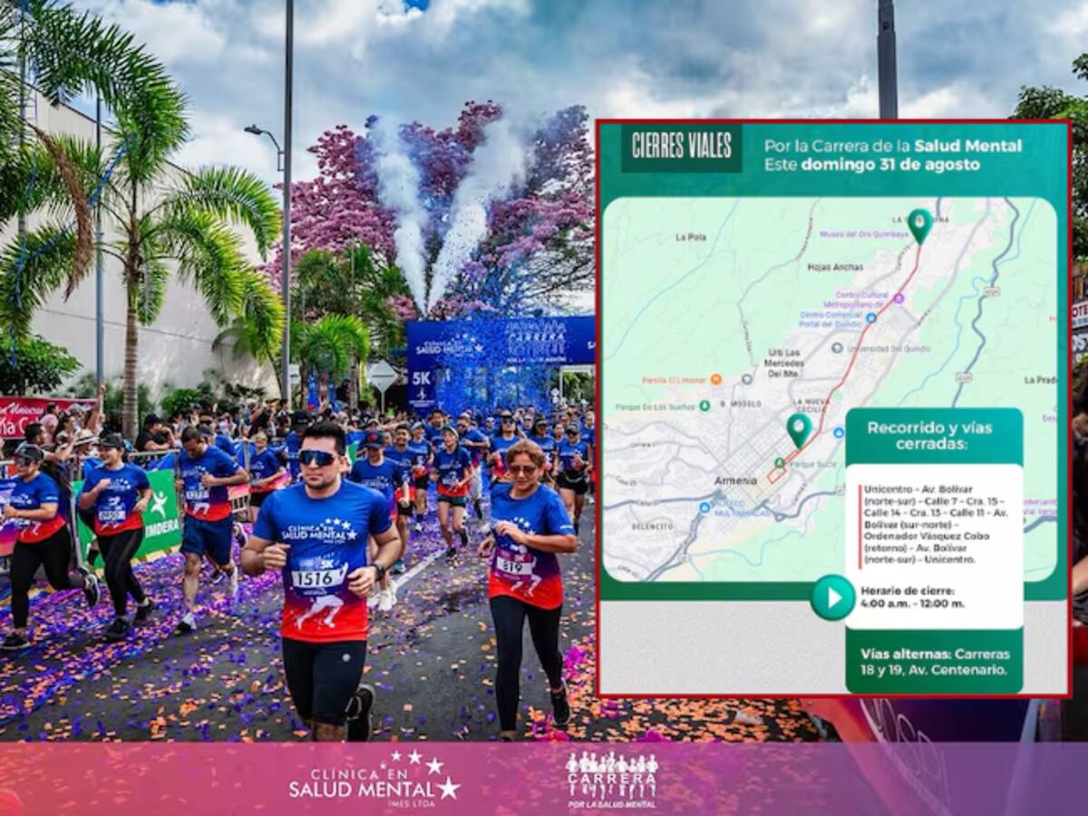 Cierres viales en Armenia, domingo 31 de agosto, por Carrera Salud Mental: horarios y rutas alteras