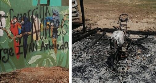Los ilegales pintaron grafitis y quemaron motos en zona rural de Segovia, Antioquia. Fotos: Cahucopana.
