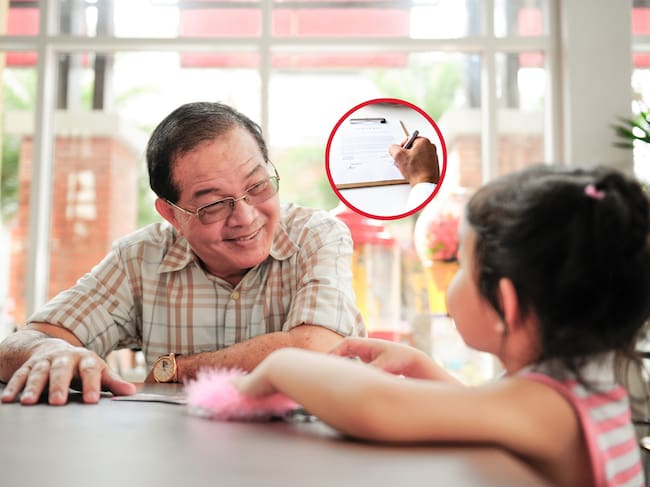 Adulto mayor conviviendo con su nieta. A la derecha hay una imagen ilustrativa de una firma de contrato (Crédito: Getty Images)
