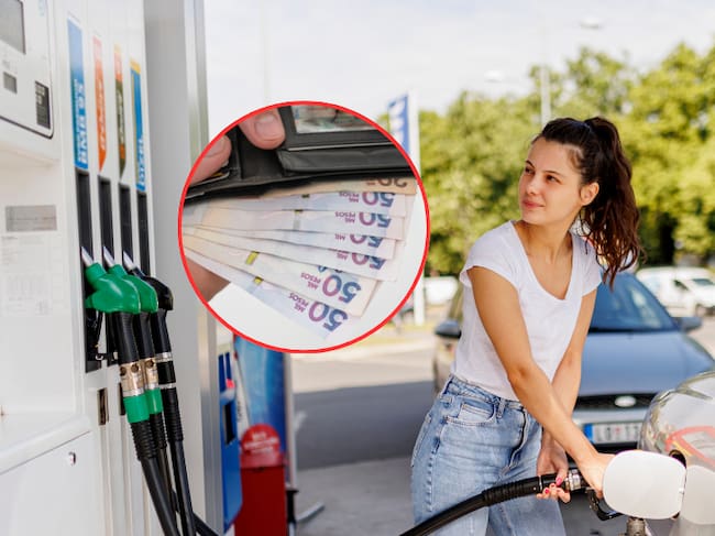 Mujer tanqueando su carro en bomba de gasolina / Hombre revisando su billetera (Getty Images)
