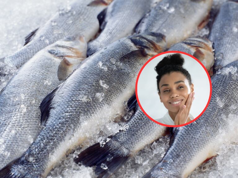 Pescados en hielo y de fondo una mujer tocándose el rostro (Fotos vía Getty Images)