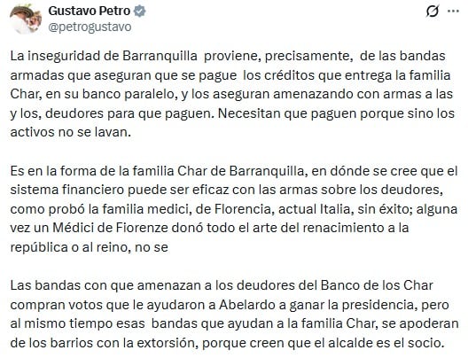 Pantallazo de la publicación del presidente Petro.