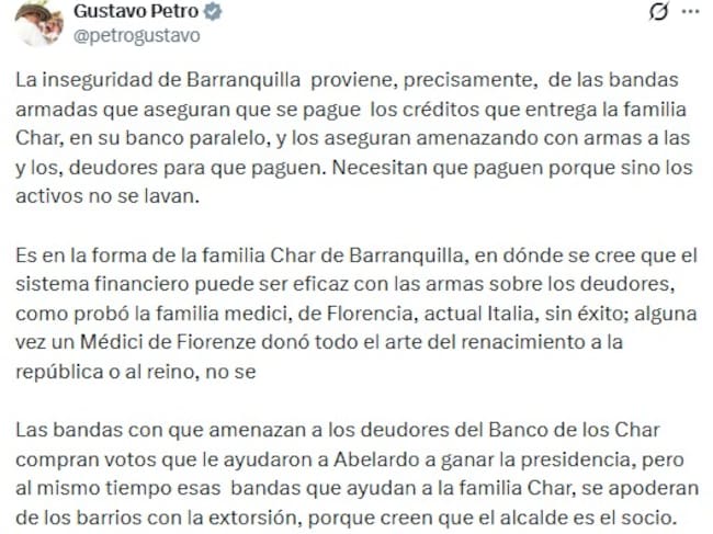 Pantallazo de la publicación del presidente Petro.