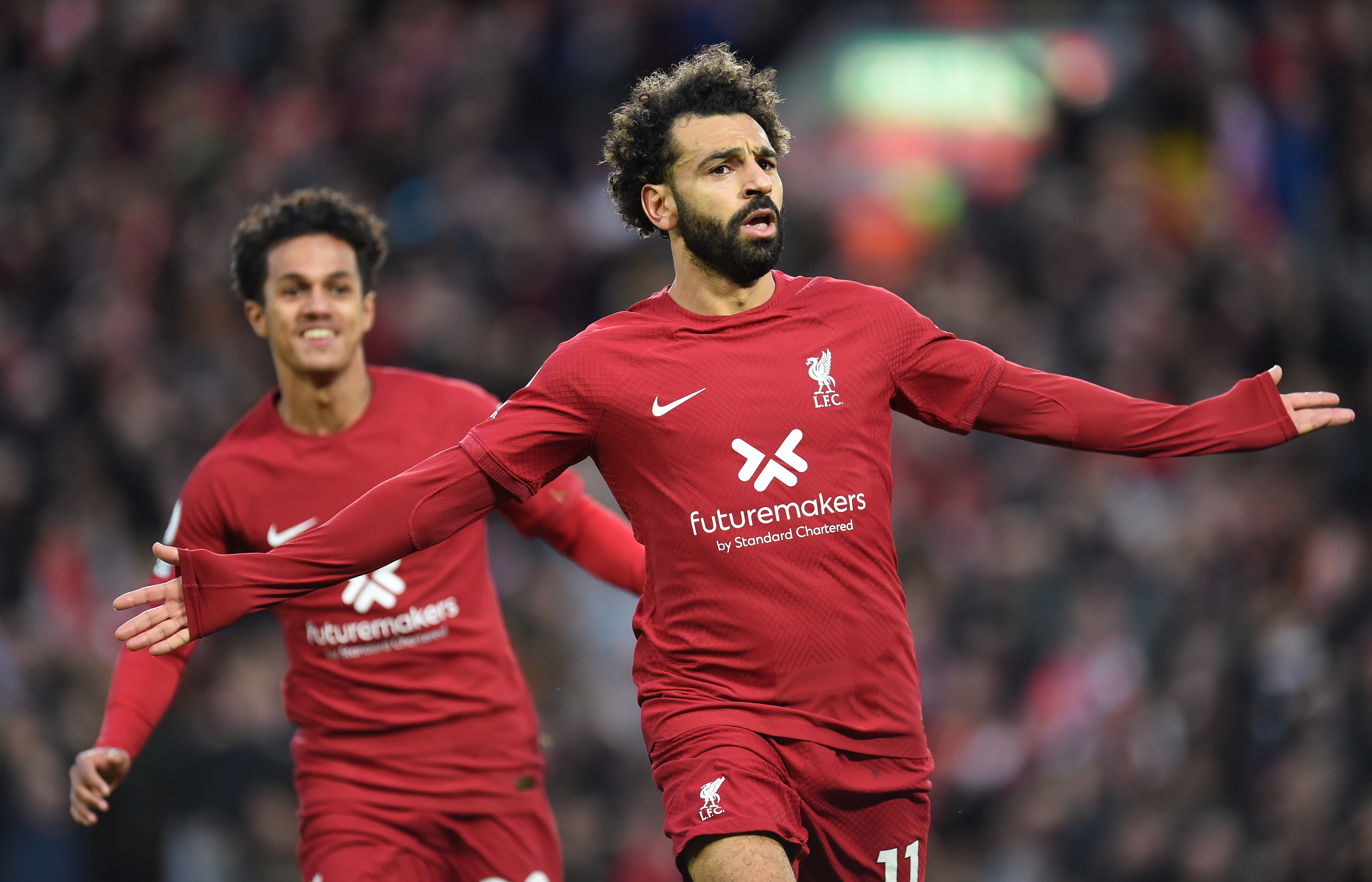 LIVERPOOL, ENGLAND - OCTOBER 16: ( THE SUN OUT ,THE SUN ON SUNDAY OUT ) Mohamed Salah of Liverpool celebrates after scoring the first goal during the Premier League match between Liverpool FC and Manchester City at Anfield on October 16, 2022 in Liverpool, England. (Photo by John Powell/Liverpool FC via Getty Images)