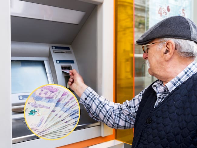 Adulto mayor jubilado retirando la pensión en un cajero automático. En el círculo, la imagen del billete de 50 mil pesos colombianos / Fotos: GettyImages