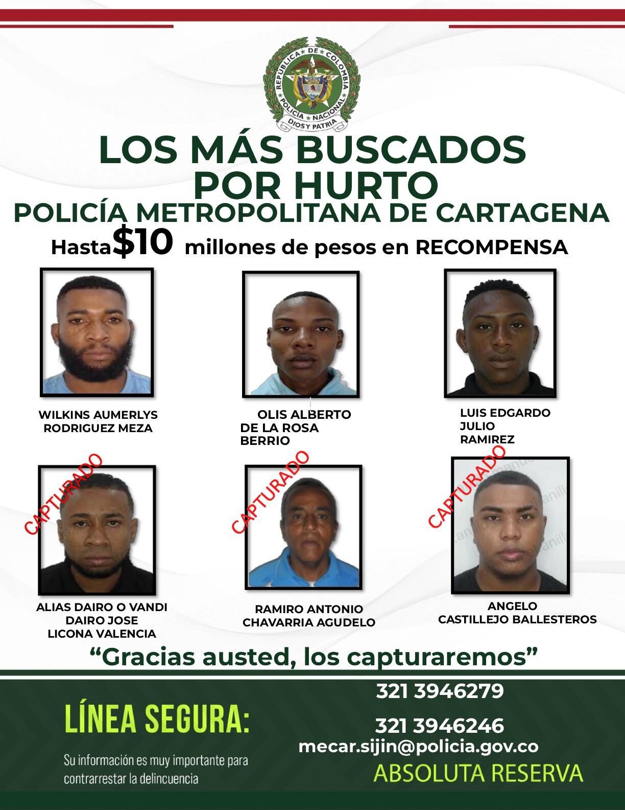Cartel de los más buscados. // Policía Metropolitana de Cartagena
