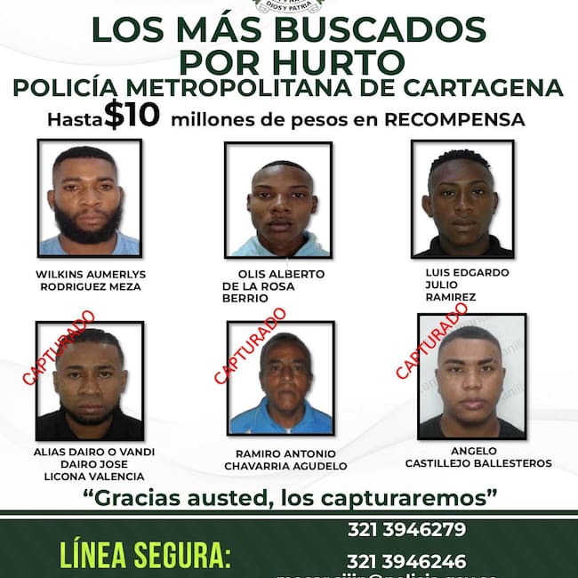 Cartel de los más buscados. // Policía Metropolitana de Cartagena