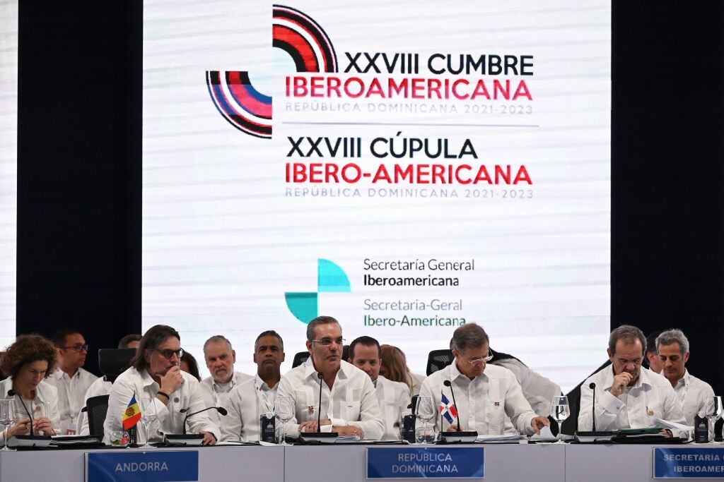 Dominican President Luis Abinader (C) speaks during the plenary session of the XXVIII Ibero-American Summit of Heads of State and Government at the Dominican Foreign Ministry building in Santo Domingo, on March 25, 2023. (Photo by Federico Parra / AFP) (Photo by FEDERICO PARRA/AFP via Getty Images)