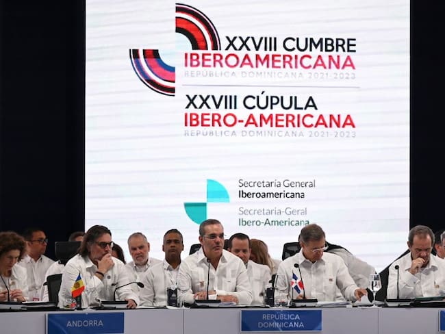Dominican President Luis Abinader (C) speaks during the plenary session of the XXVIII Ibero-American Summit of Heads of State and Government at the Dominican Foreign Ministry building in Santo Domingo, on March 25, 2023. (Photo by Federico Parra / AFP) (Photo by FEDERICO PARRA/AFP via Getty Images)