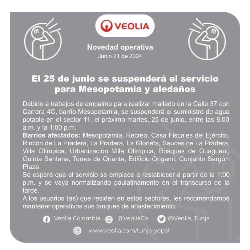 Suspensión del servicio de agua potable en Mesopotamia y sectores aledaños el 25 de Junio