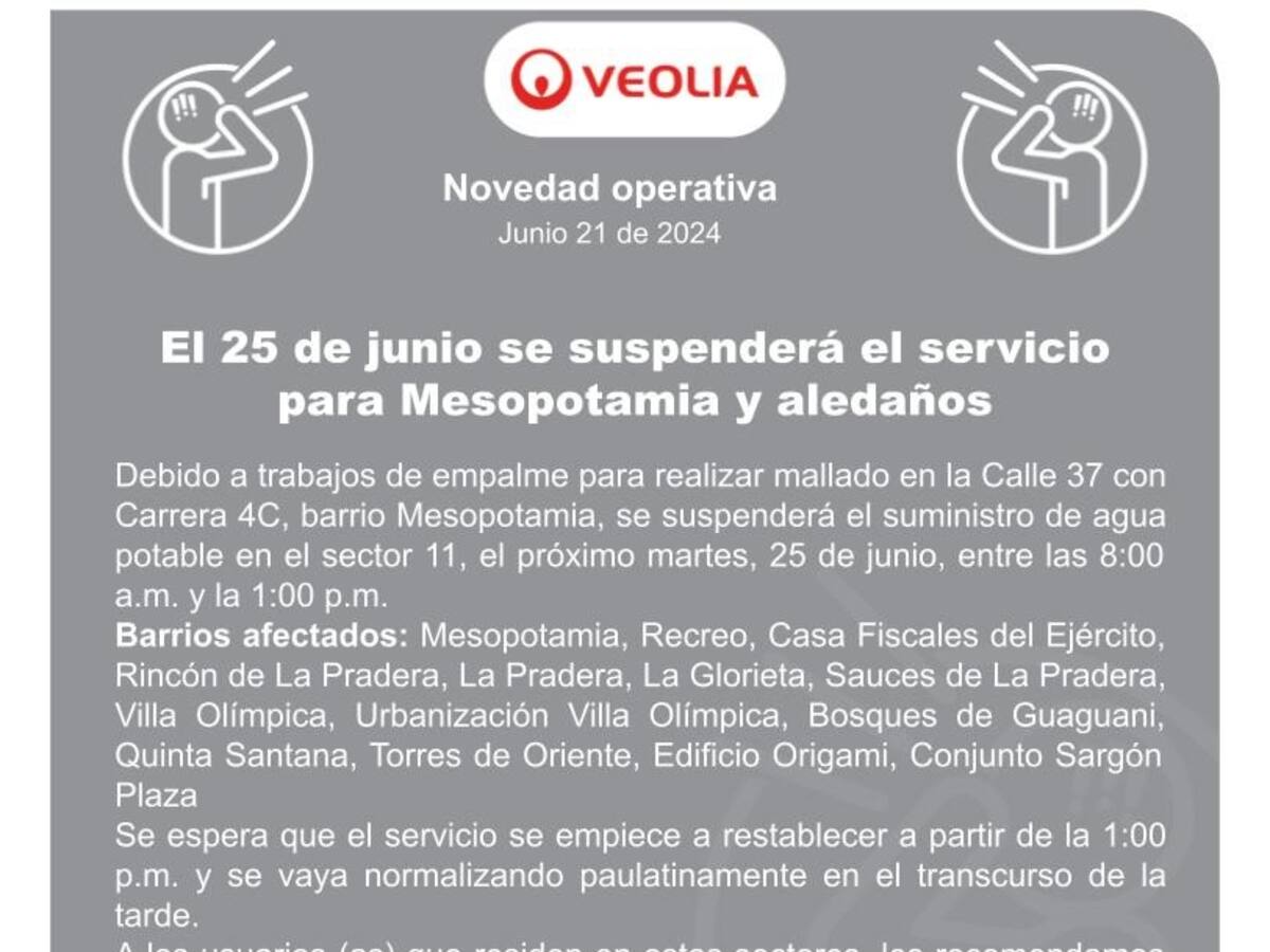 Suspensión del servicio de agua potable en Mesopotamia y sectores aledaños el 25 de Junio