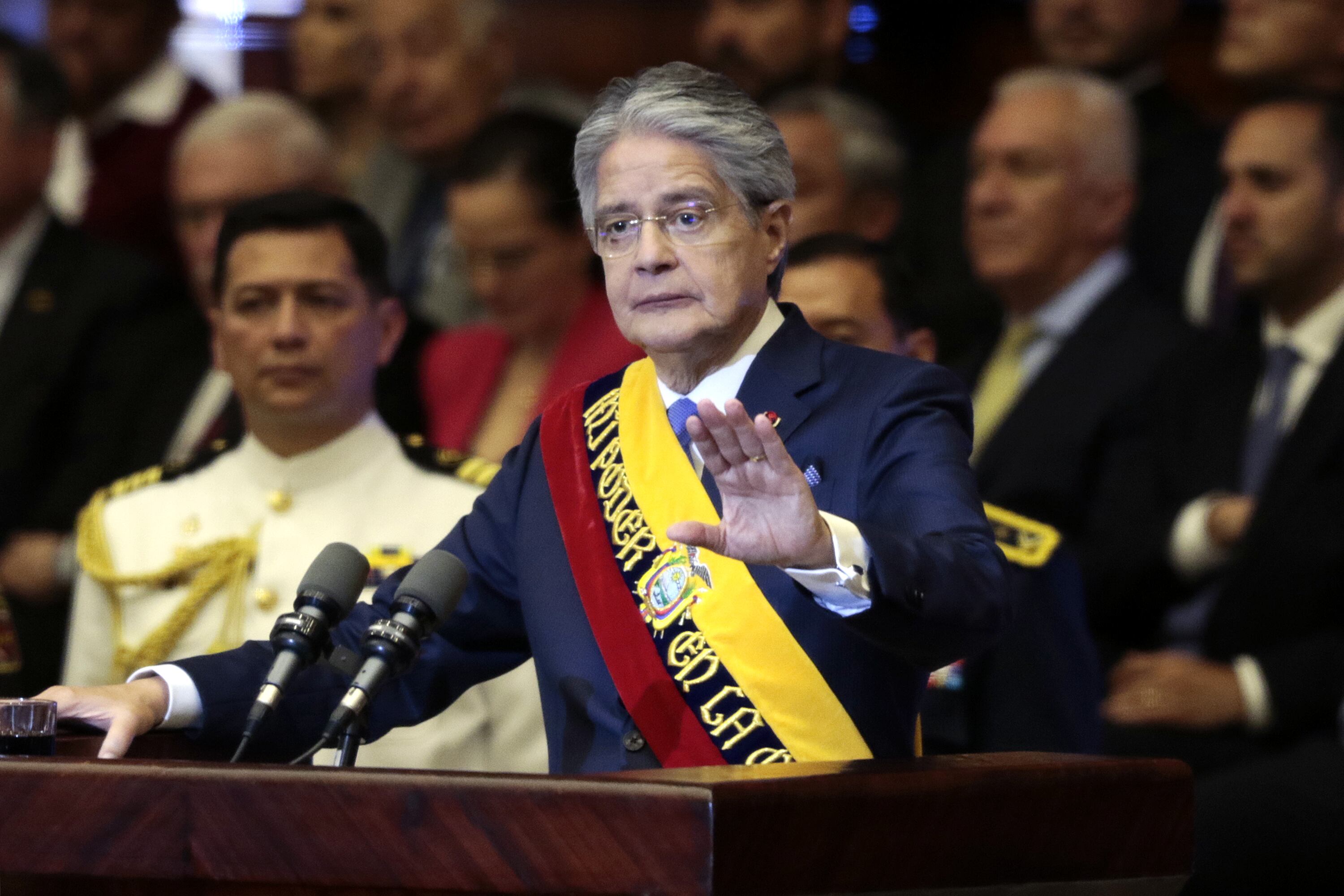 QUITO, ECUADOR - MAY 24: President of Ecuador Guillermo Lasso delivers his first State of the Union address to a joint session of Congress on May 24, 2022 in Quito, Ecuador. Lasso was elected president in the runoff vote of May 2021. (Photo by Felipe Stanley/Agencia Press South/Getty Images)