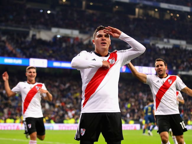 Juan Fernando Quintero festeja su gol en la final de la Copa Libertadores contra Boca Juniors. (Photo by Chris Brunskill/Fantasista/Getty Images)