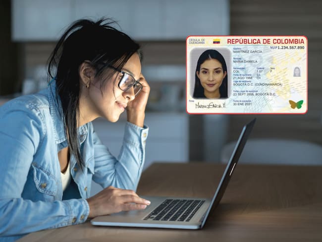 Mujer realizando un trámite digital a través de su computador (Getty Images) / Cédula digital colombiana (Registraduría Nacional)