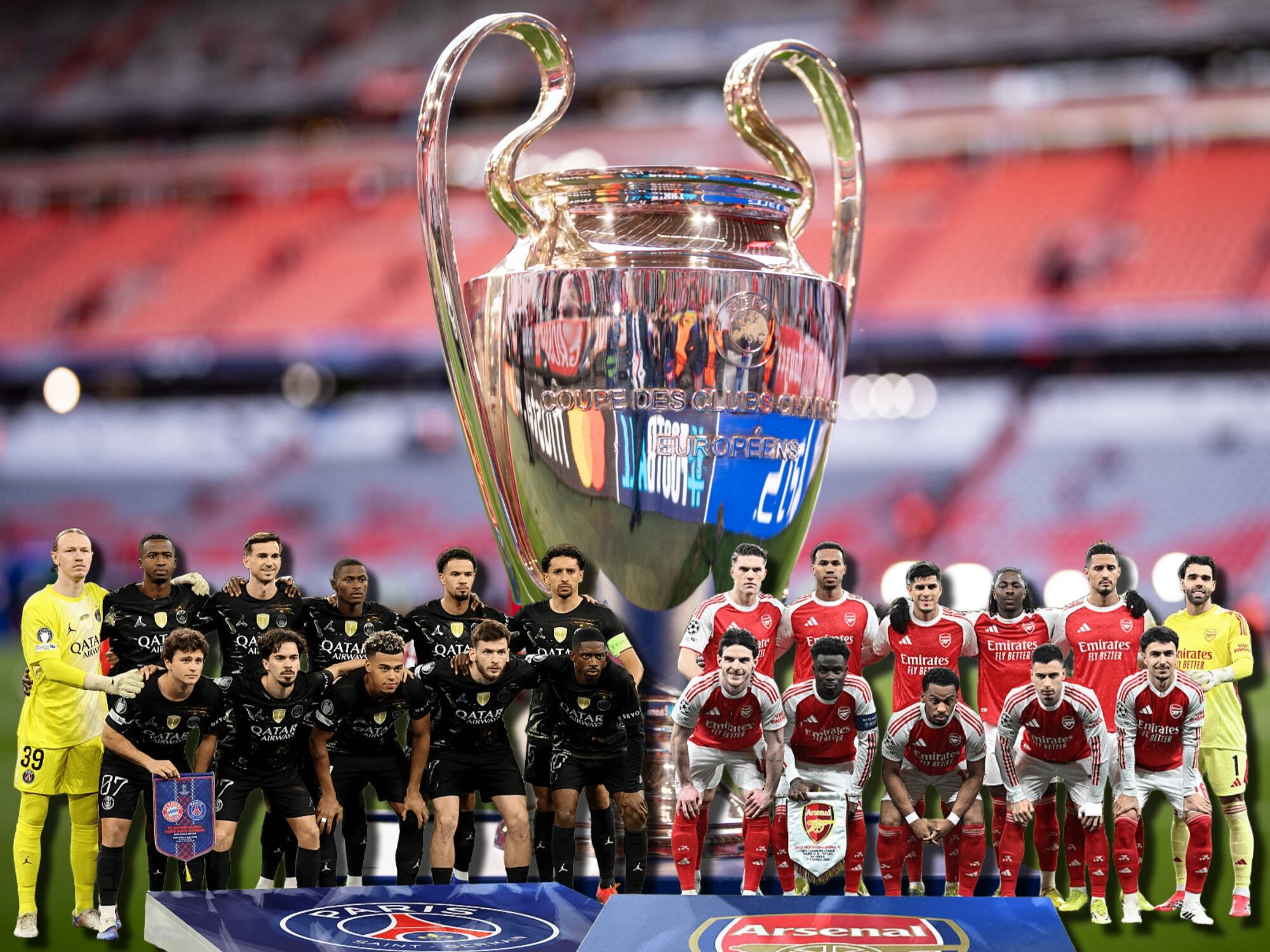 Al fondo, el trofeo de la UEFA Champions League. Al frente, a la izquierda, el equipo París Saint Germain. A la derecha, el equipo Arsenal. Fotos: Getty Images.