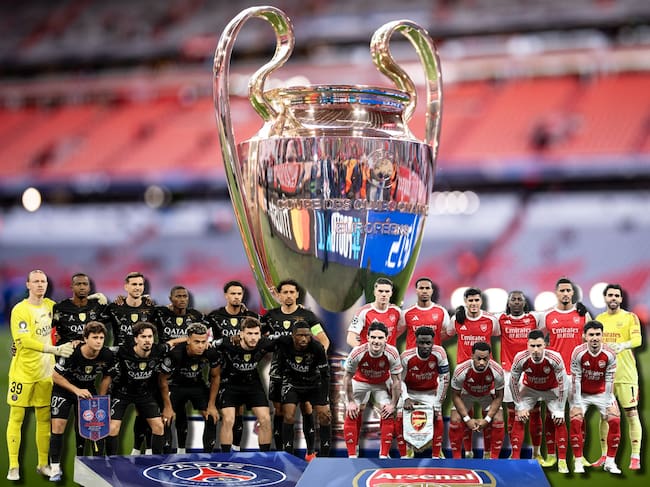 Al fondo, el trofeo de la UEFA Champions League. Al frente, a la izquierda, el equipo París Saint Germain. A la derecha, el equipo Arsenal. Fotos: Getty Images.