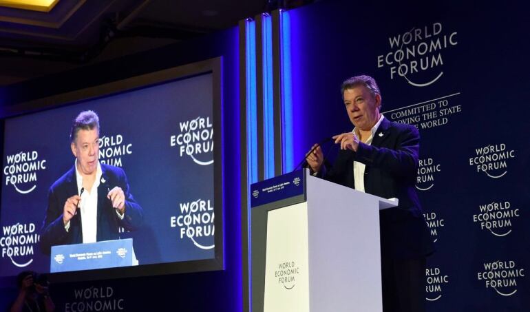 El presidente Juan Manuel Santos participando del Foro Económico Mundial para América Latina en el que reiteró los beneficios que traerá el proceso de paz para Colombia y el continente.