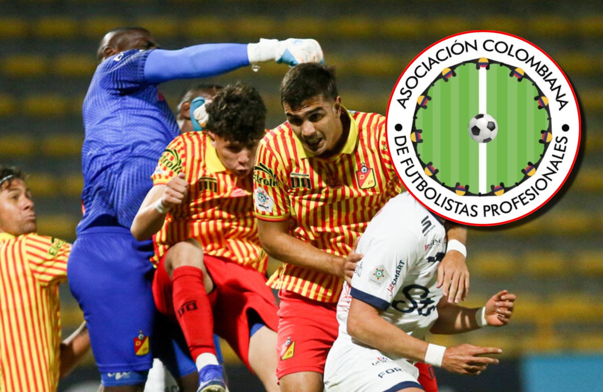 Jugadores del Deportivo Pereira y logo de Acolfutpro. Foto: (Colprensa - Lina Gasca).