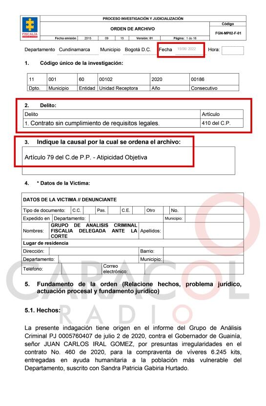Resolución de archivo de la Fiscalía en favor del gobernador del Guainía Juan Carlos Iral Gómez