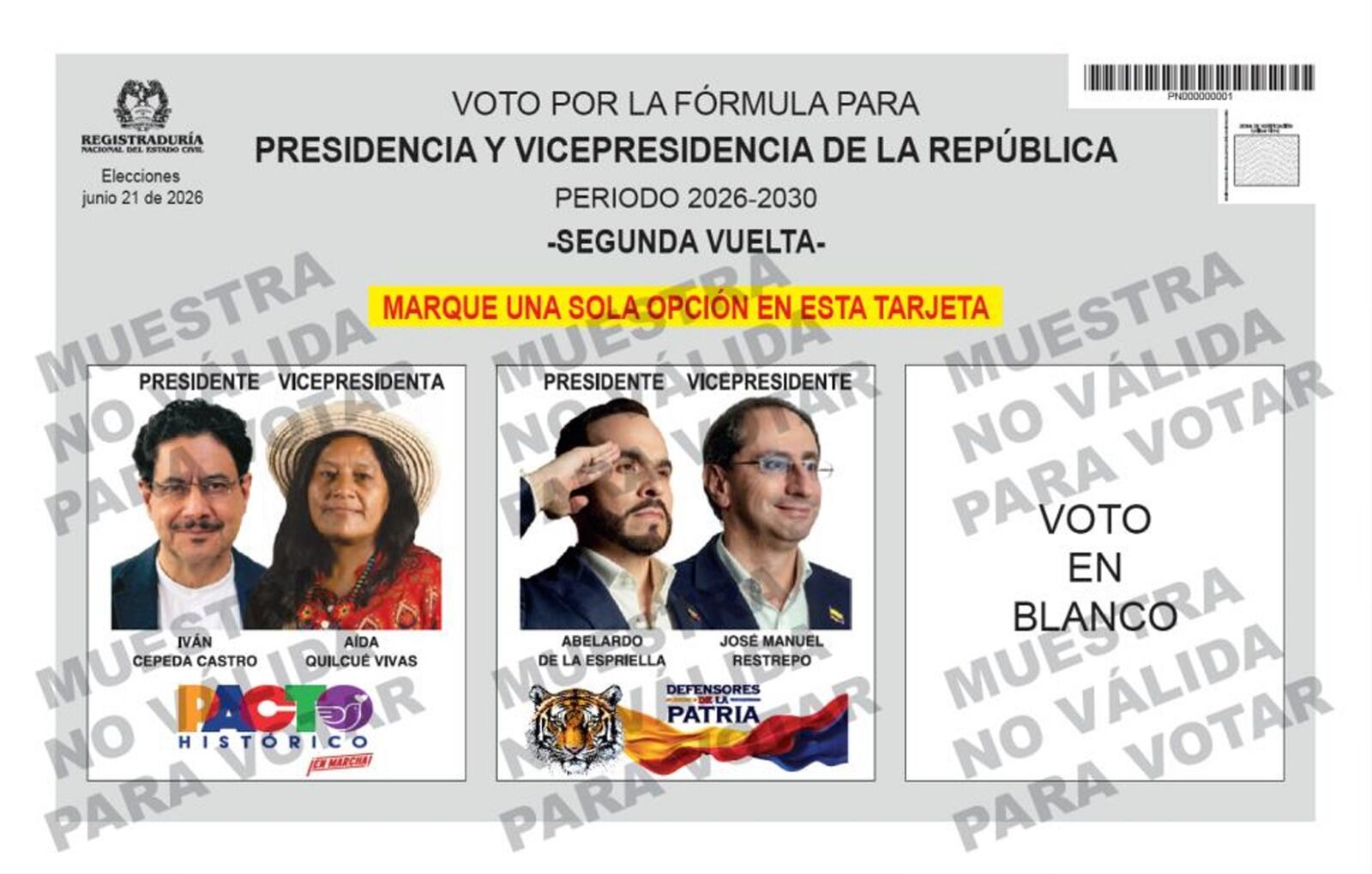 Tarjetón electoral de la segunda vuelta presidencial. FOTO: Registraduría Nacional