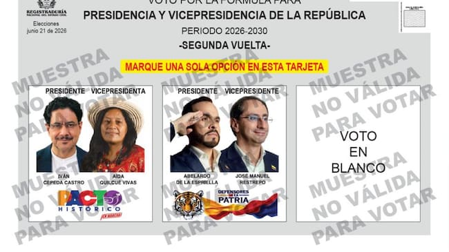 Tarjetón electoral de la segunda vuelta presidencial. FOTO: Registraduría Nacional
