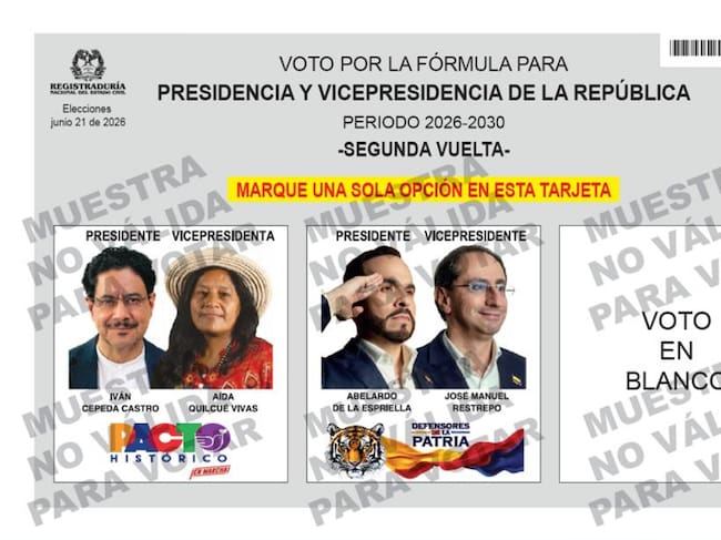 Tarjetón electoral de la segunda vuelta presidencial. FOTO: Registraduría Nacional