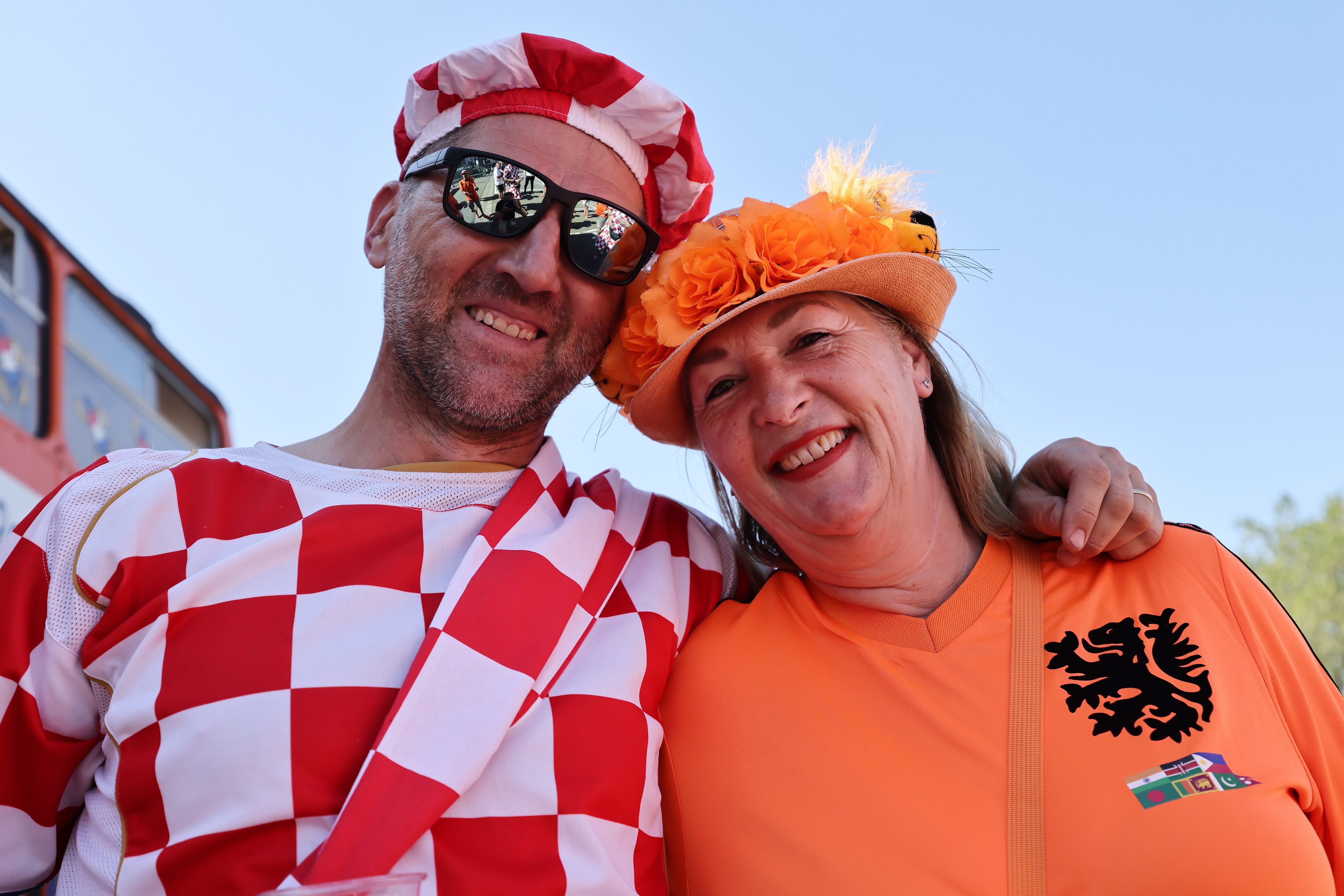 ROTTERDAM, NETHERLANDS - JUNE 14: Fans of Croatia and the Netherlands pose prior to the UEFA Nations League 2022/23 semifinal match between Netherlands and Croatia at De Kuip on June 14, 2023 in Rotterdam, Netherlands. (Photo by Christof Koepsel/Getty Images)