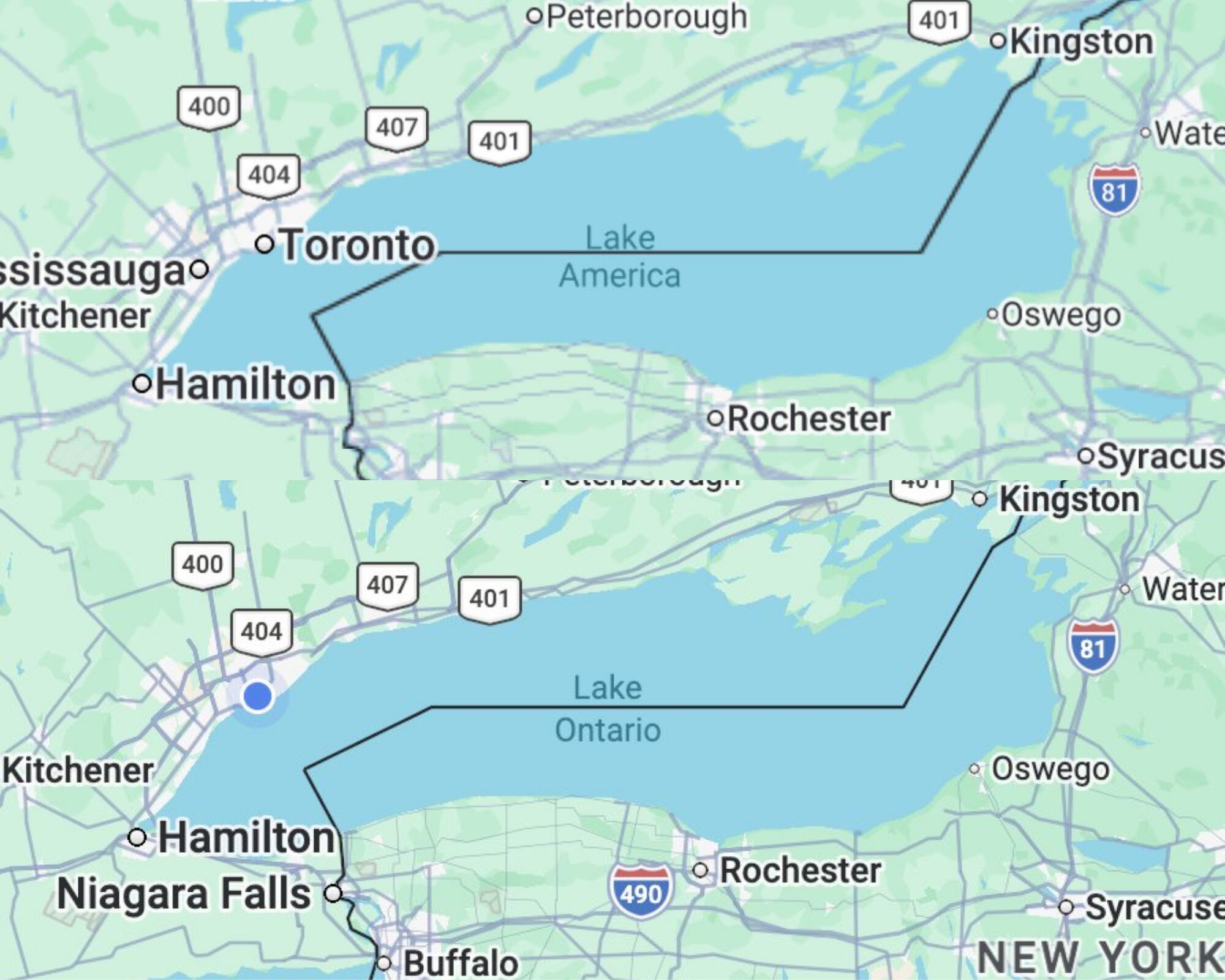 La decisión ocurrió luego de que el presidente estadounidense firmara una orden ejecutiva cambiando el nombre del lago que su país comparte con Canadá.
(Foto:   Caracol Radio / Cortesía Google Maps)