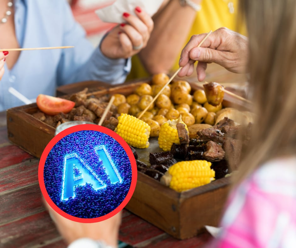 Personas comiendo una picada y logo IA (Getty Images)