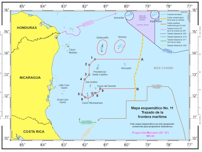 Mapa de la frontera marítima entre Colombia y Nicaragua según la sentencia del 2012 de la Corte Internacional de Justicia.
(Foto: cortesía Corte Internacional de Justicia )