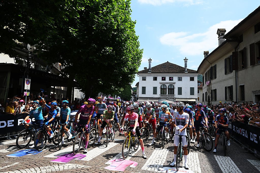 FELTRE, ITALY - MAY 29: A general view of Giulio Ciccone of Italy and Team Lidl - Trek - Blue Mountain Jersey, Paul Magnier of France and Team Soudal Quick-Step - Purple Points Jersey, Jonas Vingegaard of Denmark and Team Visma | Lease a Bike - Pink Leader Jersey and Afonso Eulalio of Portugal and Team Bahrain - Victorious - White Best Young Rider Jersey prior to the 109th Giro d'Italia 2026, Stage 19 a 151km stage from Feltre to Alleghe - Piani di Pezze 1467m / #UCIWT / on May 29, 2026 in Feltre, Italy. (Photo by Dario Belingheri/Getty Images)