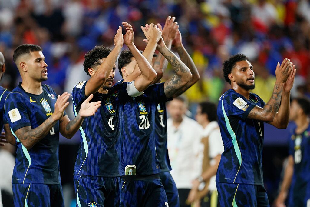 PHILADELPHIA, PENNSYLVANIA - JUNE 19: Bruno Guimaraes, Marquinhos, Lucas Paqueta and Ederson of Brazil applaud the fans after winning the FIFA World Cup 2026 Group C match between Brazil and Haiti at Philadelphia Stadium on June 19, 2026 in Philadelphia, United States. (Photo by Richard Sellers/Sportsphoto/Allstar via Getty Images)