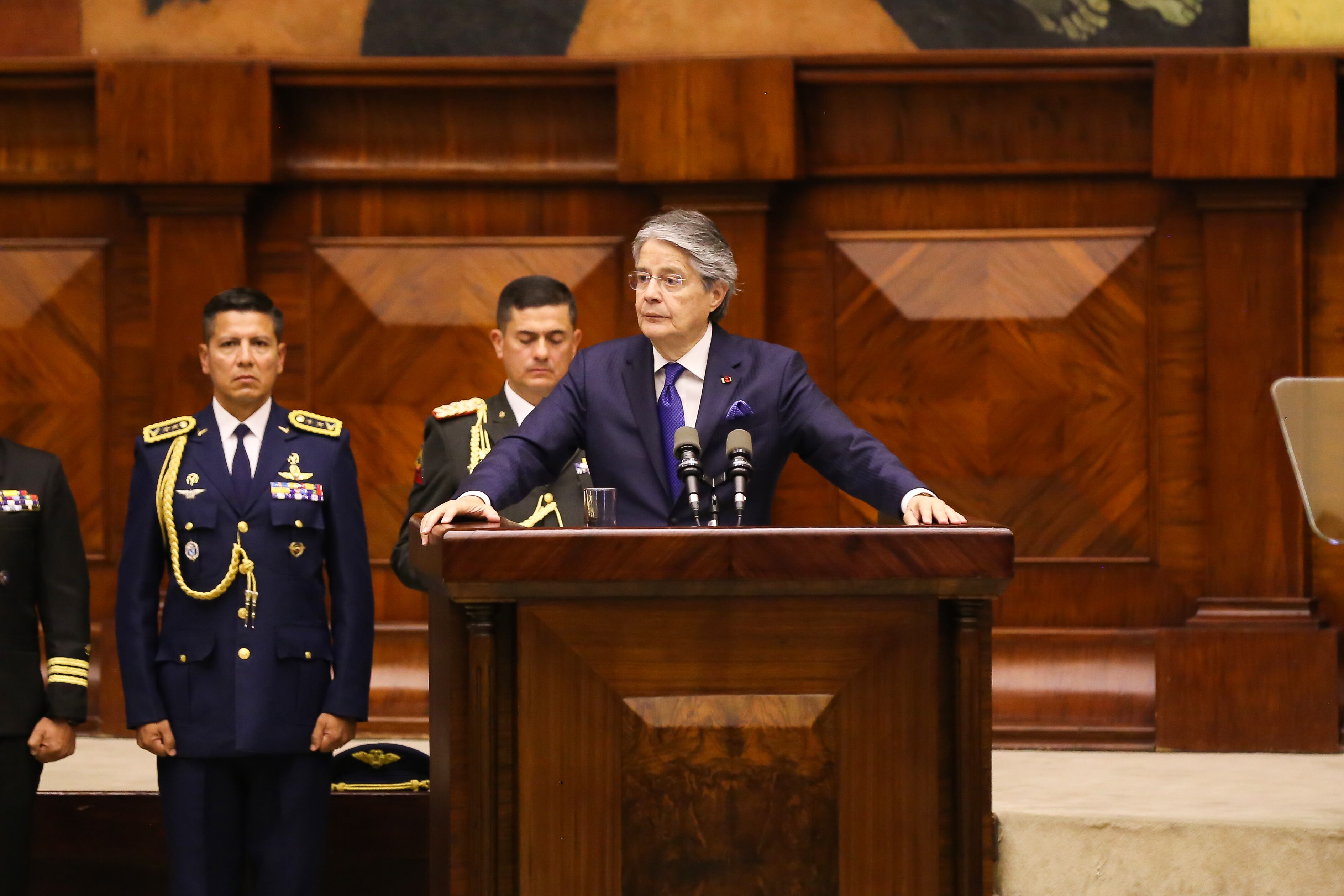 16 de mayo de 2023, Ecuador, Quito: Guillermo Lasso, presidente de Ecuador, durante una sesión de la Asamblea Nacional. Foto de Diego Alban/Picture Alliance vía Getty Images-