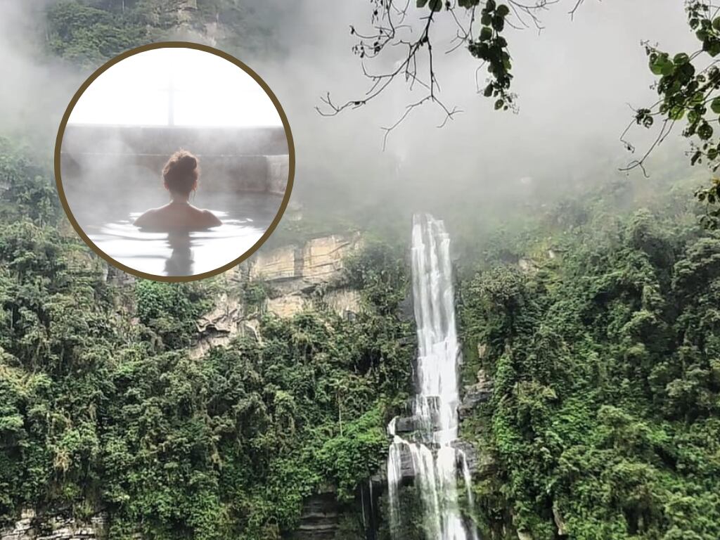 Cascada La Chorrera y de fondo una mujer disfrutando de aguas termales (Foto vía Getty Images)
