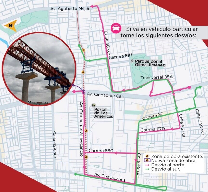 Cierres por obras del Metro de Bogotá en el sur de la ciudad. Foto: Metro de Bogotá.