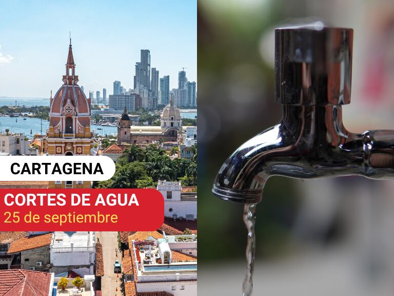 Vista panorámica de Cartagena y un grifo de agua abierto. Cortes de agua en Cartagena (Fotos vía Getty Images)