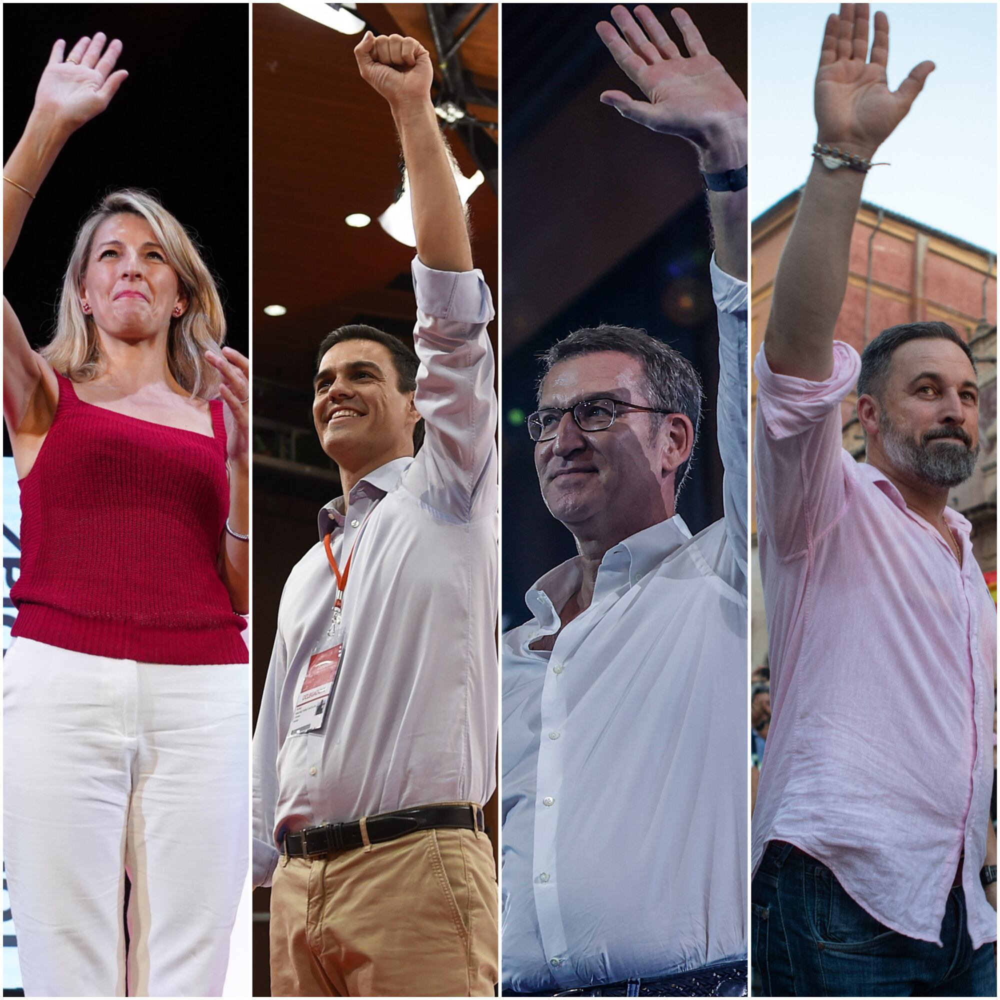 Los cuatro candidatos clave de la jornada electoral en España, de izquierda a derecha: Yolanda Díaz, Pedro Sánchez, Alberto Núñez Feijóo y Santiago Abascal. 
(Foto: Getty | Caracol Radio)