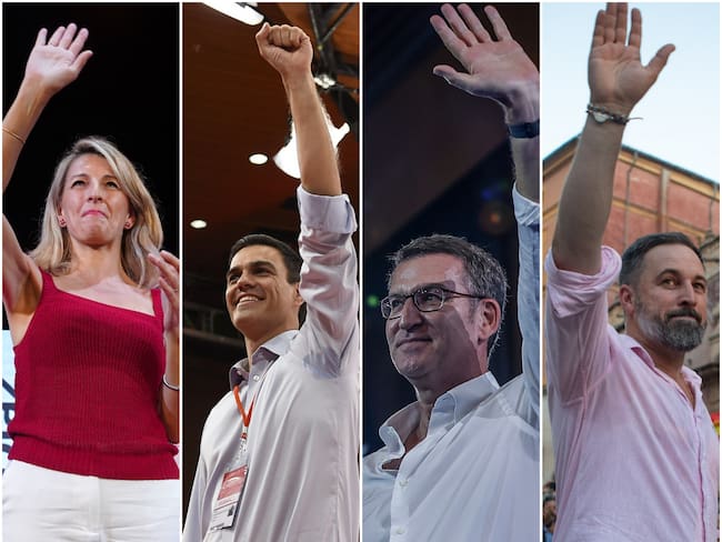 Los cuatro candidatos clave de la jornada electoral en España, de izquierda a derecha: Yolanda Díaz, Pedro Sánchez, Alberto Núñez Feijóo y Santiago Abascal. 
(Foto: Getty | Caracol Radio)