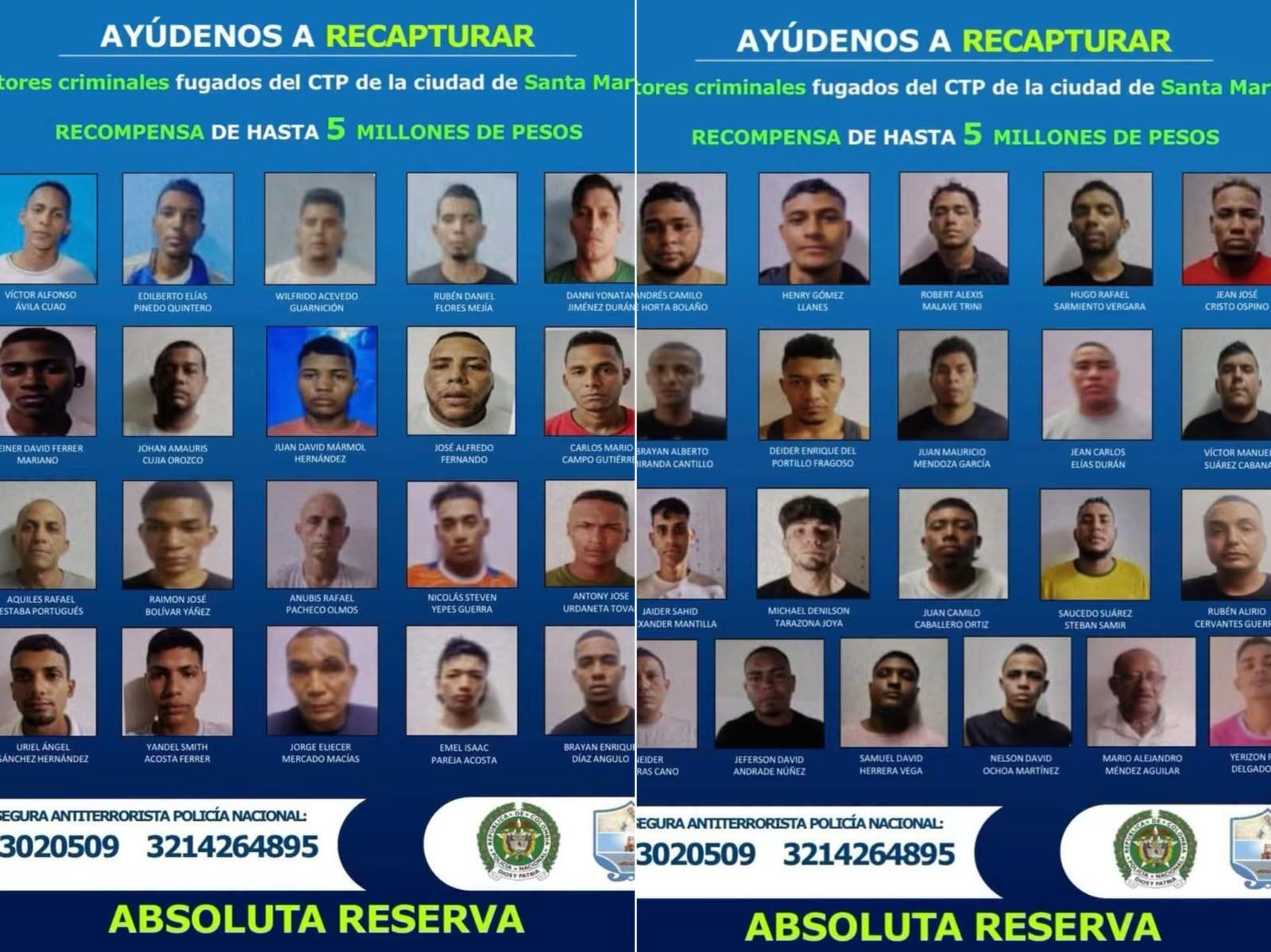 Cartel con los rostros y nombre de los escapados en Santa Marta, Ofrecen recompensa de hasta $5 millones. Foto: Policía Nacional