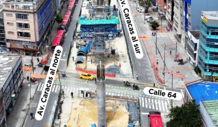 Obra del metro de Bogotá en la avenida Caracas con calle 64. Foto: Alcaldía de Bogotá