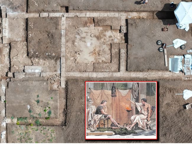 Foto del complejo educativo descubierto y llamado el Gimnasio Real. En el recuadro, una ilustración de Aristóteles, a la derecha, educando a Alejandro Magno, a la izquierda. Fotos: Ministerio de Cultura de Grecia y Getty Images.