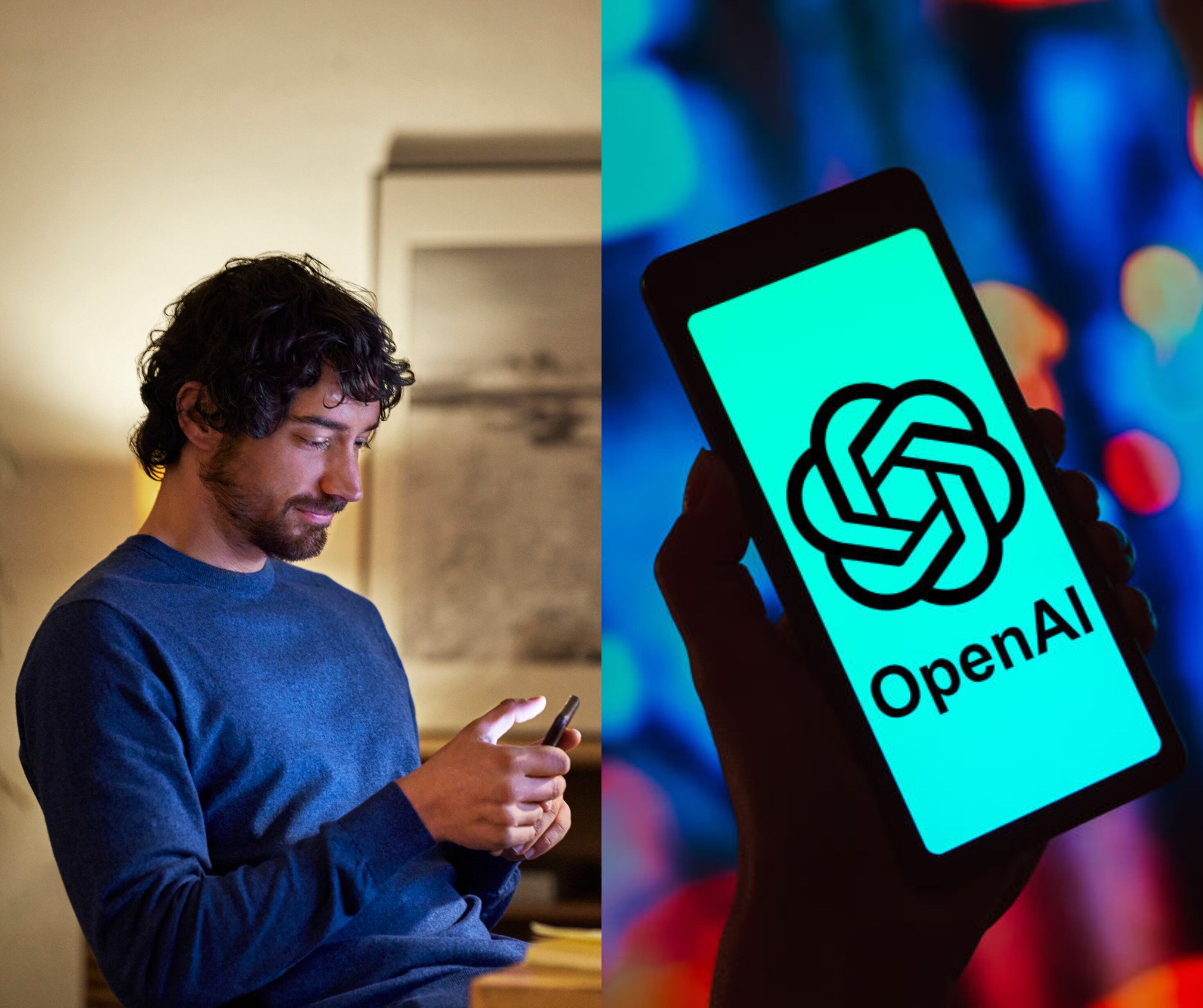 Hombre utilizando su celular junto a un teléfono que muestra el logo 'OpenAI' (Fotos Vía Getty Images)
