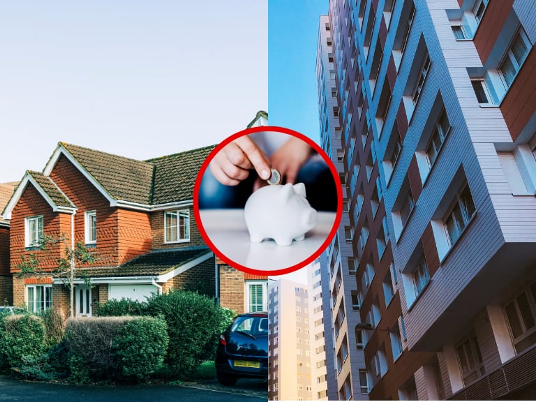 Conjunto de casas, al lado de una torre de apartamento, y sobre estos una alcancía. (Foto: Getty Images)