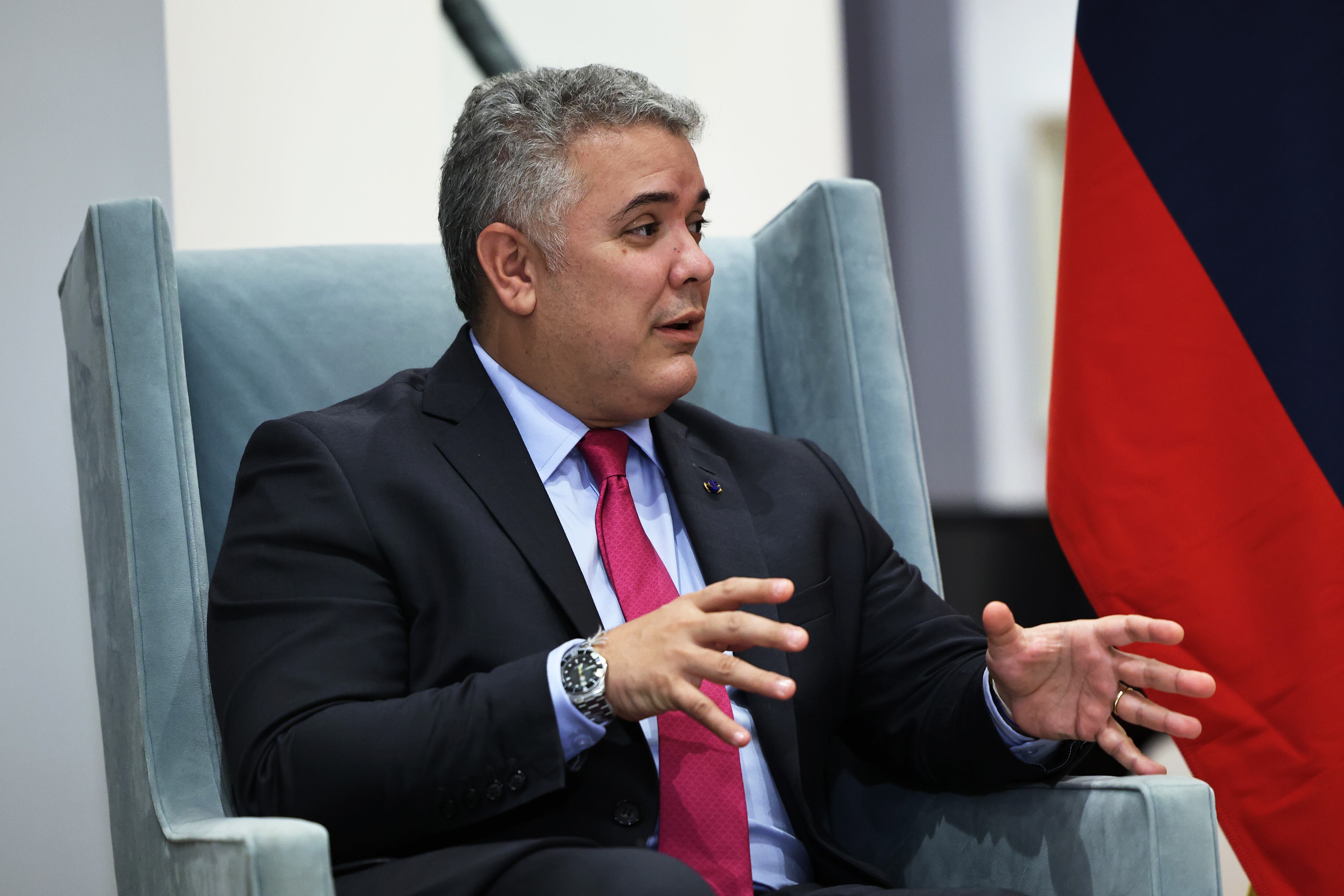 NEW YORK, NEW YORK - SEPTEMBER 22: Colombian President Iván Duque Márquez speaks with British Prime Minister Boris Johnson during a bilateral meeting at the UK diplomatic residence on September 22, 2021 in New York City. British Prime Minister Boris Johnson held bilateral meetings with Ukrainian President Volodymyr Zelensky and Colombian President Iván Duque Márquez before giving a speech at the U.N. General Assembly on his last day in the U.S.   The British prime minister was one of more than 100 heads of state or government who attended the 76th session of the UN General Assembly in person, although the size of delegations was smaller due to the Covid-19 pandemic. (Photo by Michael M. Santiago/Getty Images)