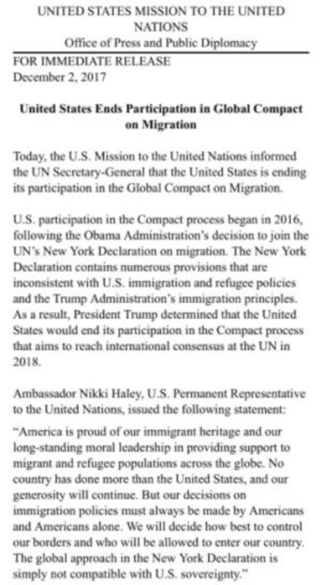 Comunicado Misión Estadounidense ante la ONU en Washington.