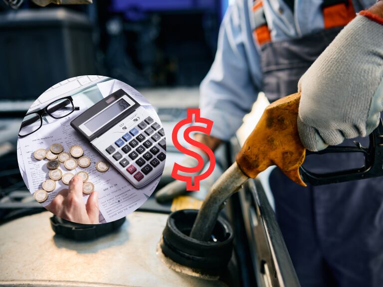 Conductor cargado su camión con gasolina / Persona haciendo cálculos con monedas sobre un papel (Getty Images)
