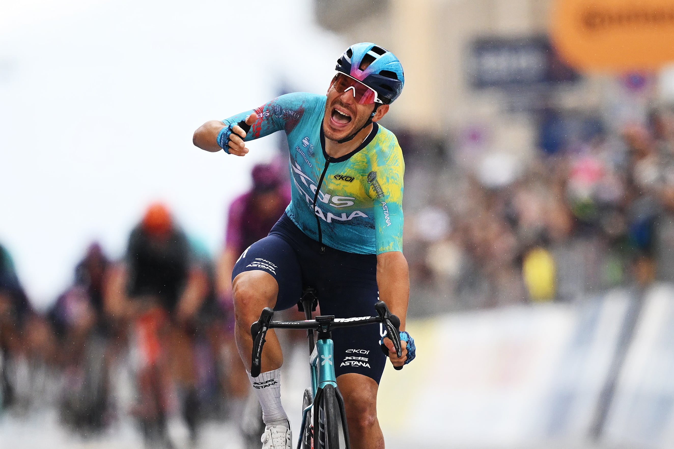 NAPLES, ITALY - MAY 14: Davide Ballerini of Italy and Team XDS Astana celebrates at finish line as stage winner during the 109th Giro d'Italia 2026, Stage 6 a 141km stage from Paestum to Naples / #UCIWT / on May 14, 2026 in Naples, Italy. (Photo by Dario Belingheri/Getty Images)