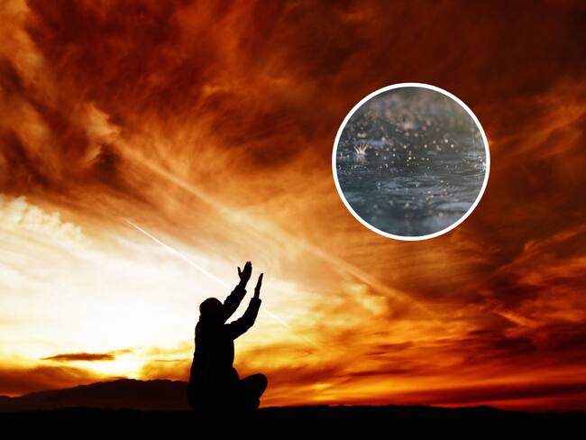 Persona orando hacia el cielo y de fondo una imagen alusiva a la lluvia (Fotos vía Getty Images)