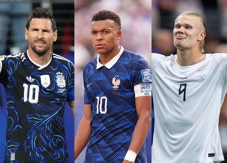Lionel Messi, Kylian Mbappé y Erling Halaand / Getty Images